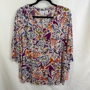 Nicole Miller New York Linen Abstract Print V-Neck 3/4 Sleeve Tunic Top 2X Boho